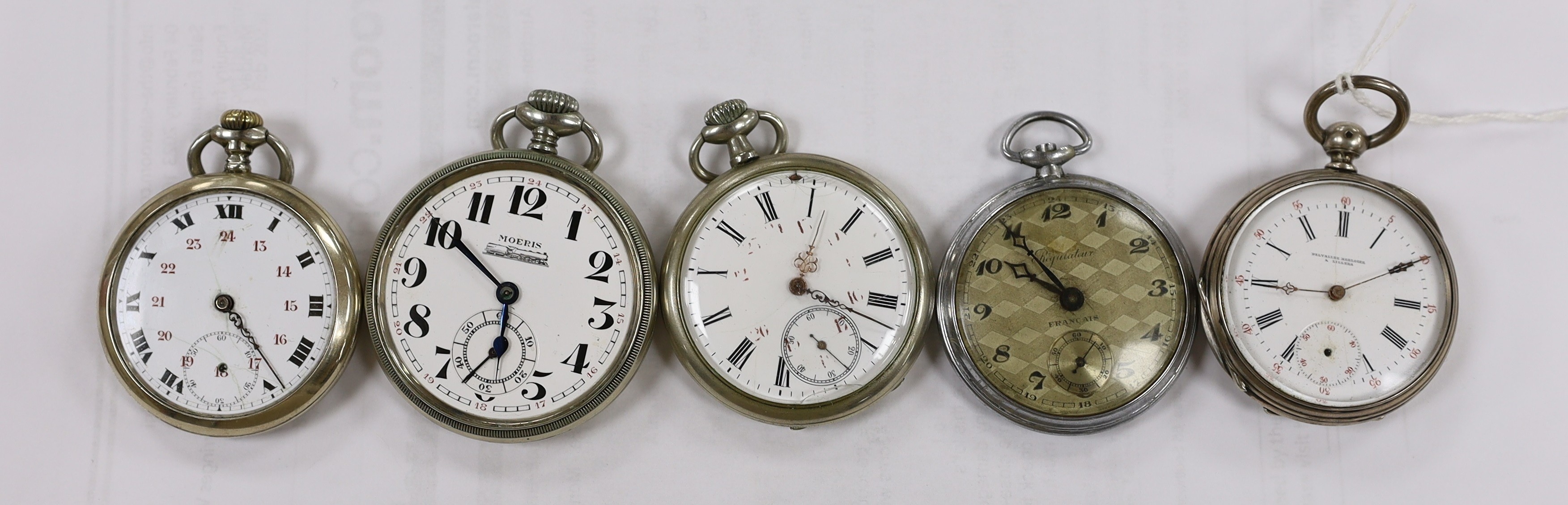 A French white metal open face keywind pocket watch, retailed by Delvallez, Horloger A Lillers and four other chrome or nickel cased pocket watches including Moeris.